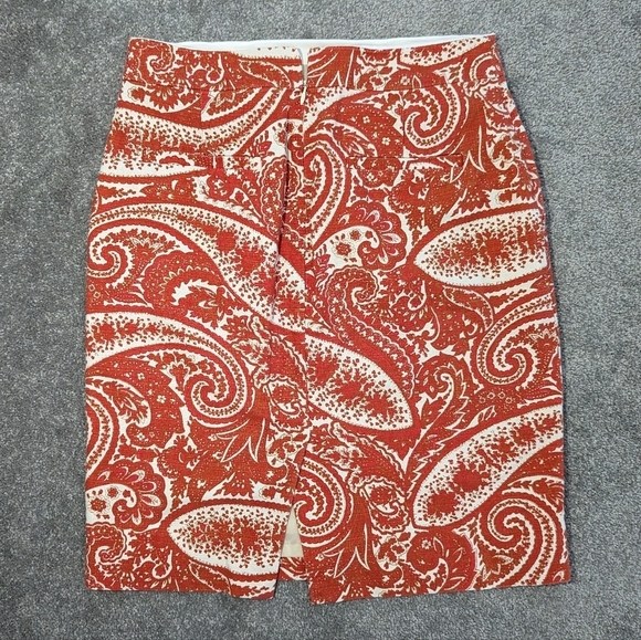 J. CREW Orange Gold White Cream Multi Floral Paisley Print Pencil Skirt Sz 2 - Picture 6 of 9